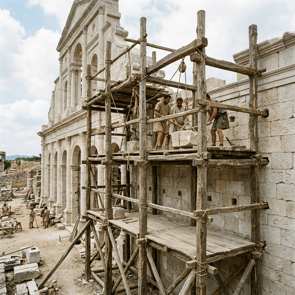 Workers lifting stone blocks on scaffolding beside an ancient stone building