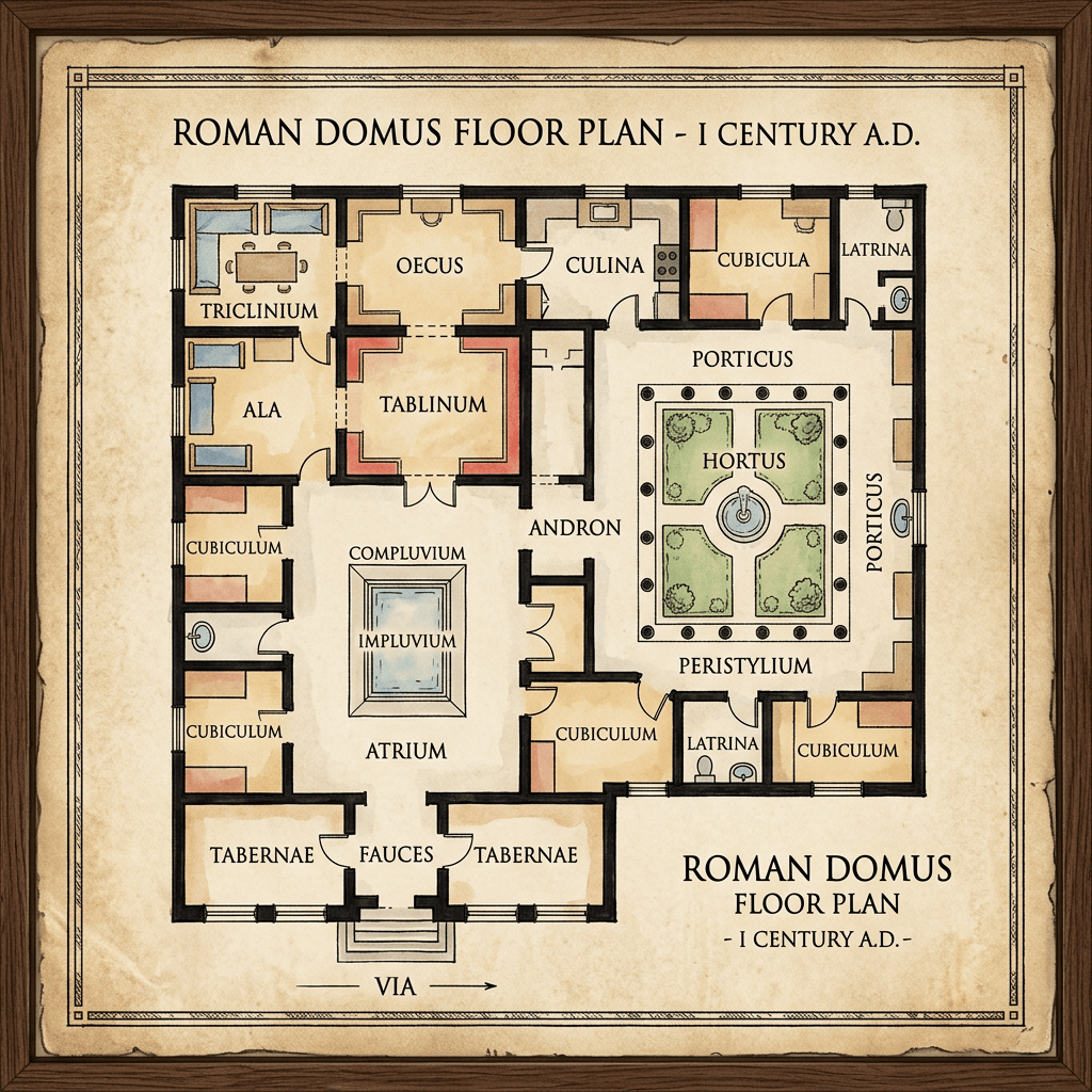 Labeled Roman domus floor plan from the first century A.D.